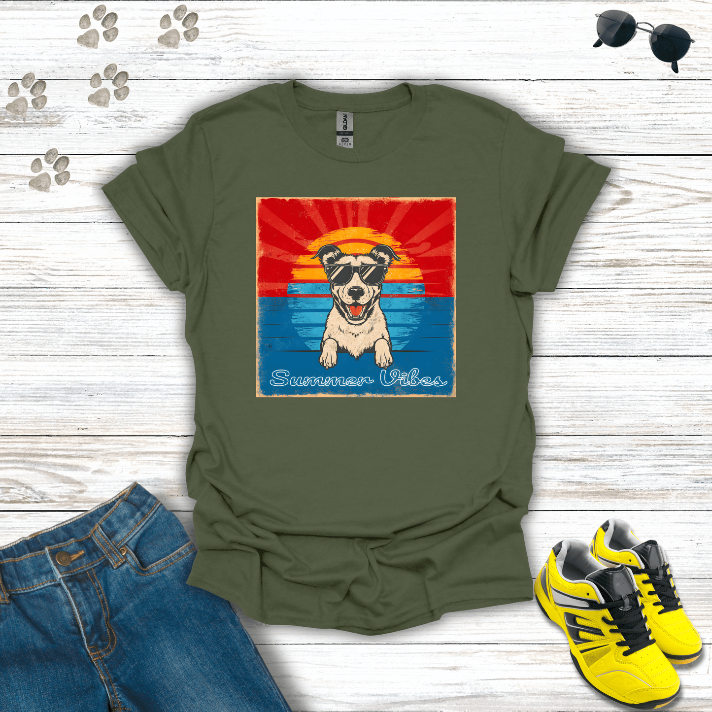 Summer Vibes Dog T-Shirt in Military Green — fun summer vibes dog shirt