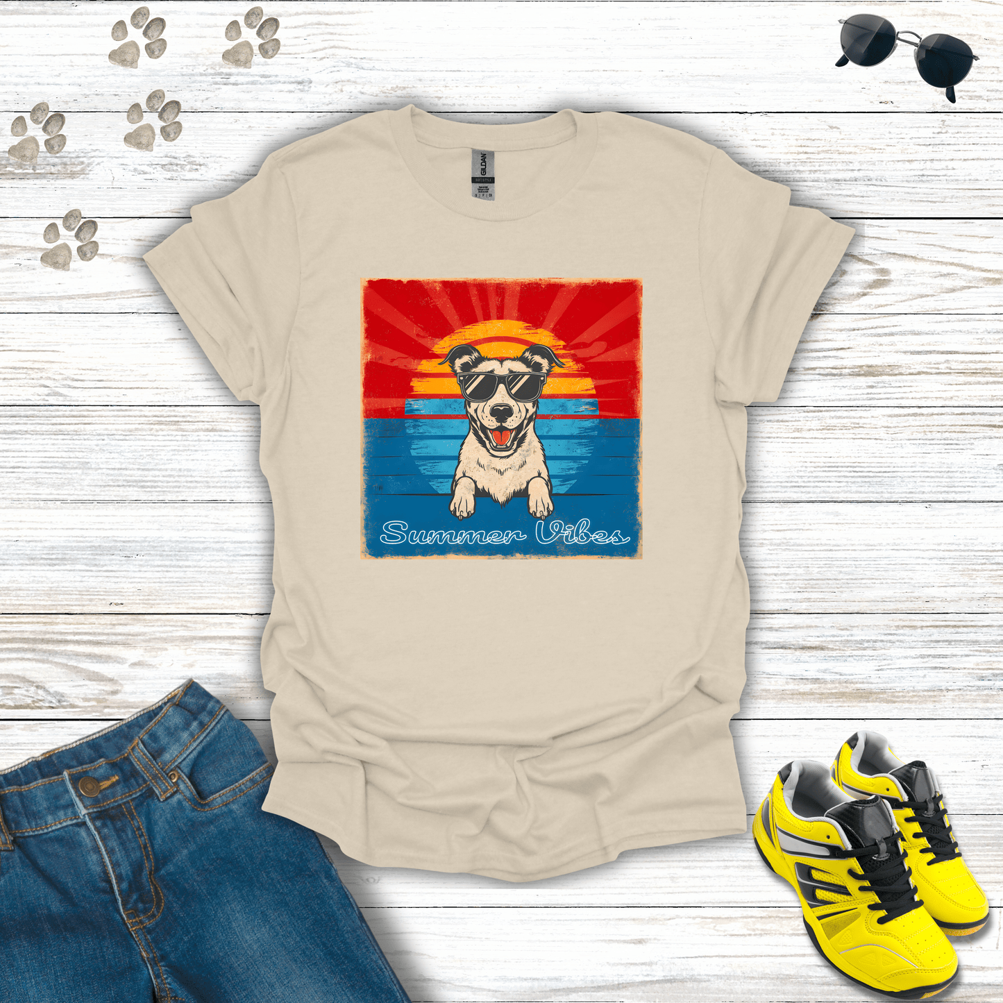 Summer Vibes Dog T-Shirt in Natural — beachy dog with sunglasses tee