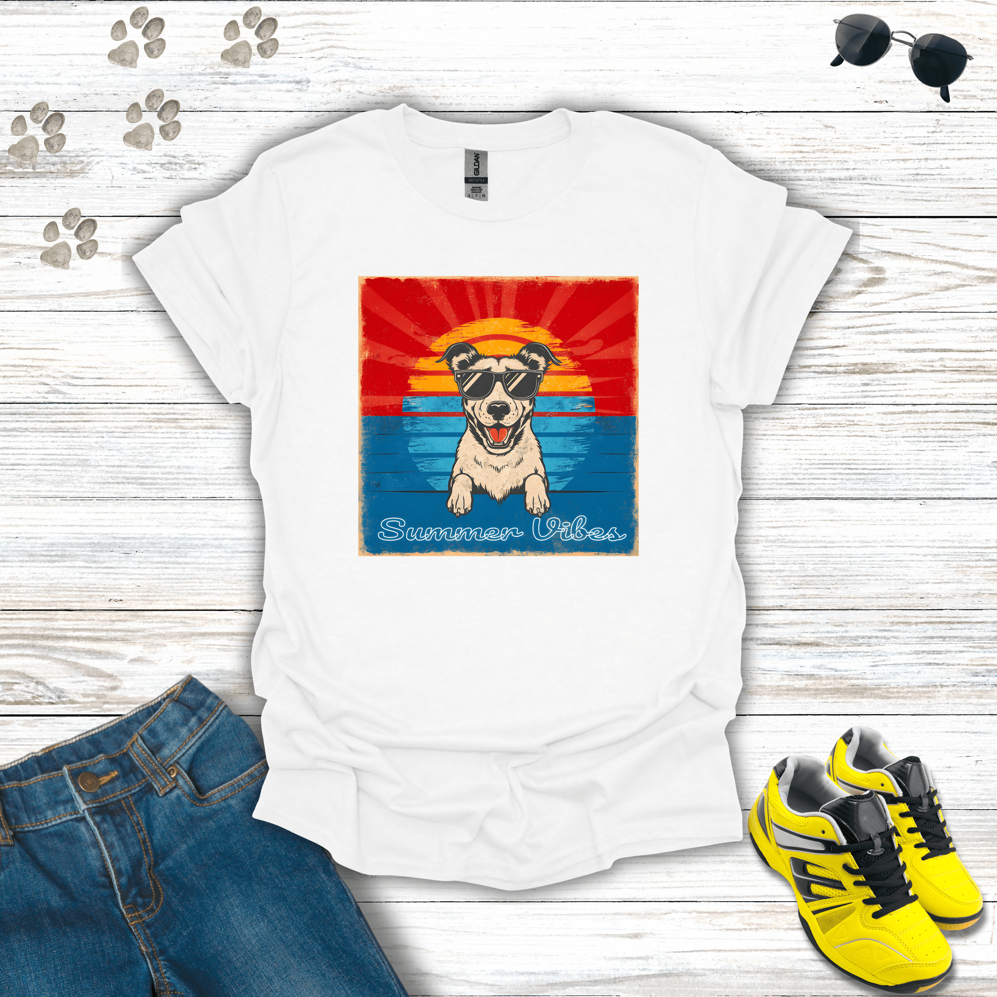 Summer Vibes Dog T-Shirt in White — sunny dog with vintage sunset design