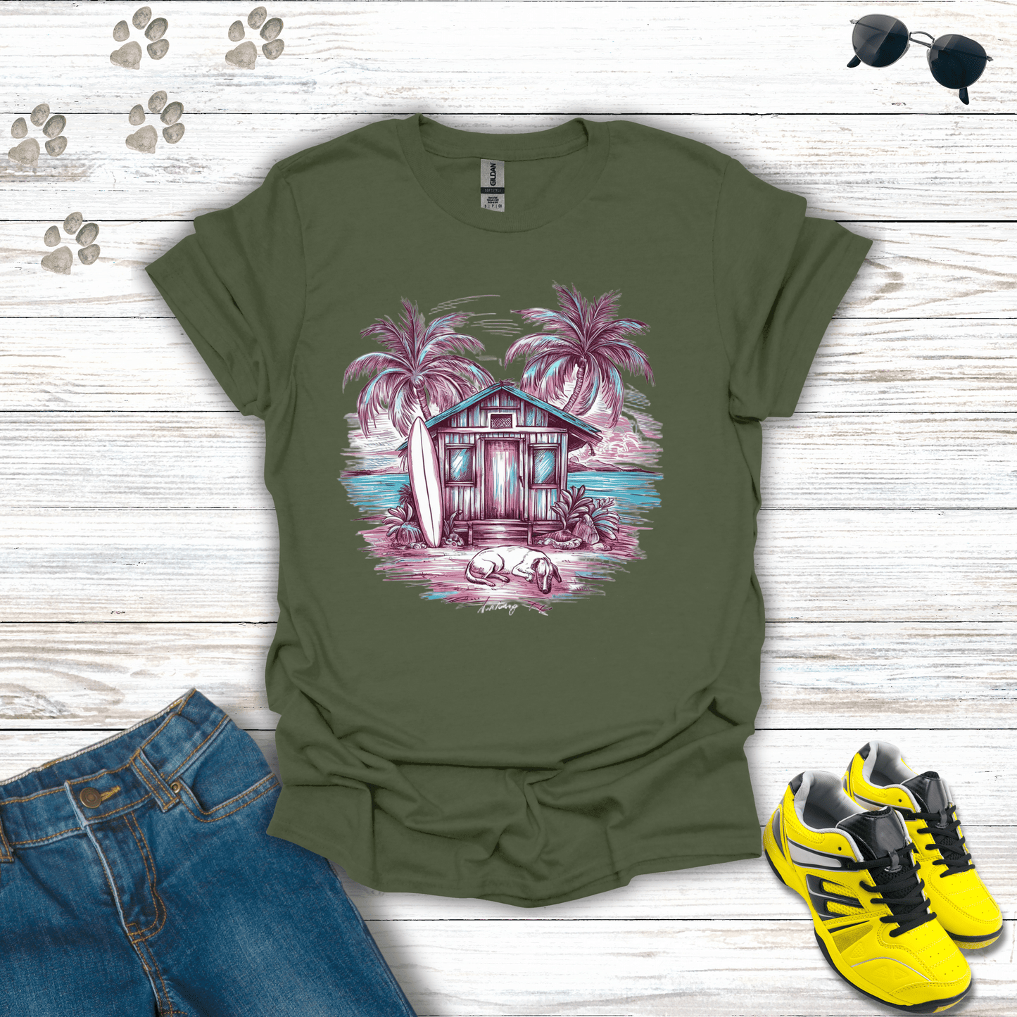 Sunset Surf Haven T-Shirt Military Green / S unisex graphic t-shirt