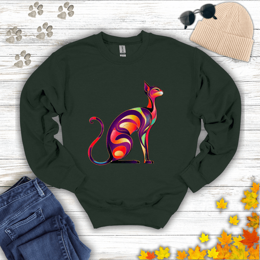 Sunset Whiskers: The Radiant Cat Sweatshirt S / Forest Green unisex graphic t-shirt