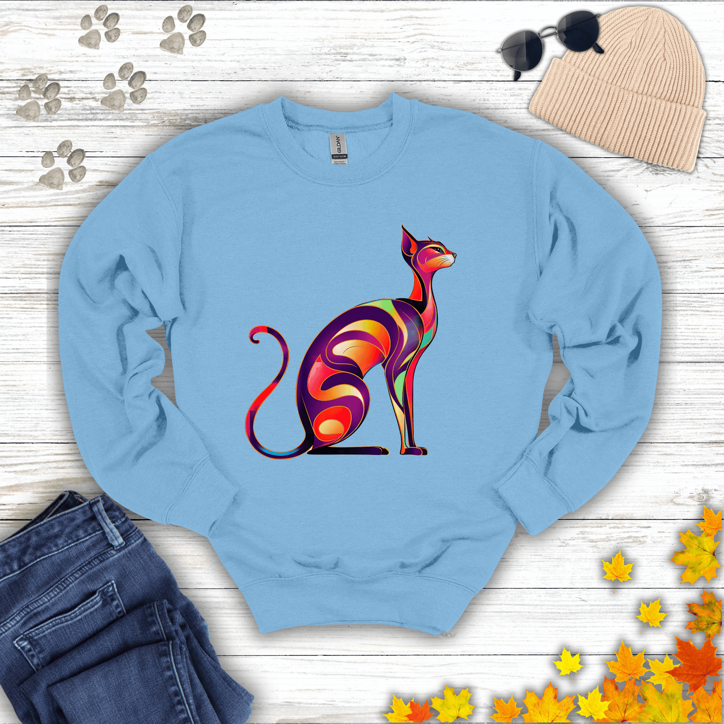 Sunset Whiskers: The Radiant Cat Sweatshirt S / Light Blue unisex graphic t-shirt