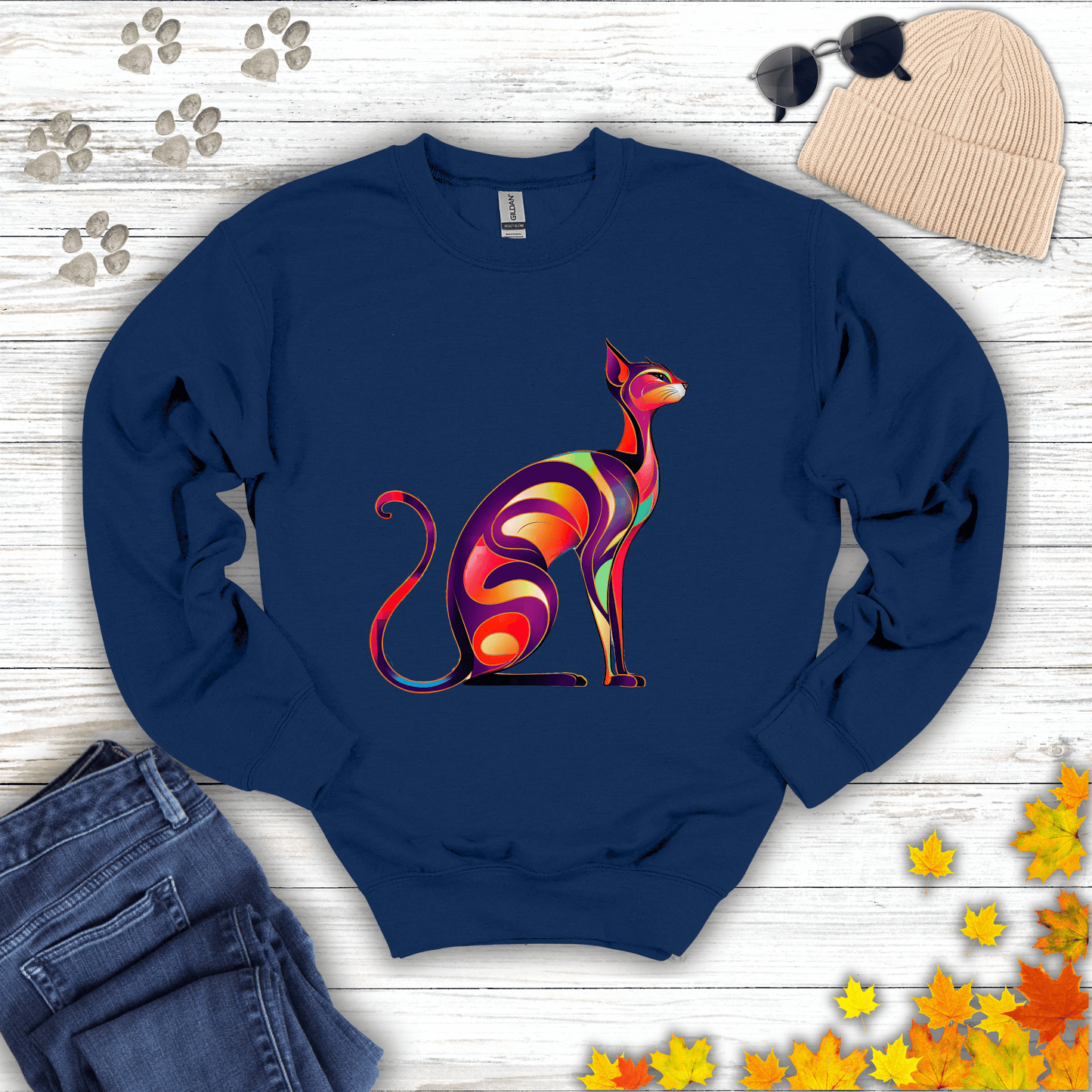 Sunset Whiskers: The Radiant Cat Sweatshirt S / Navy unisex graphic t-shirt