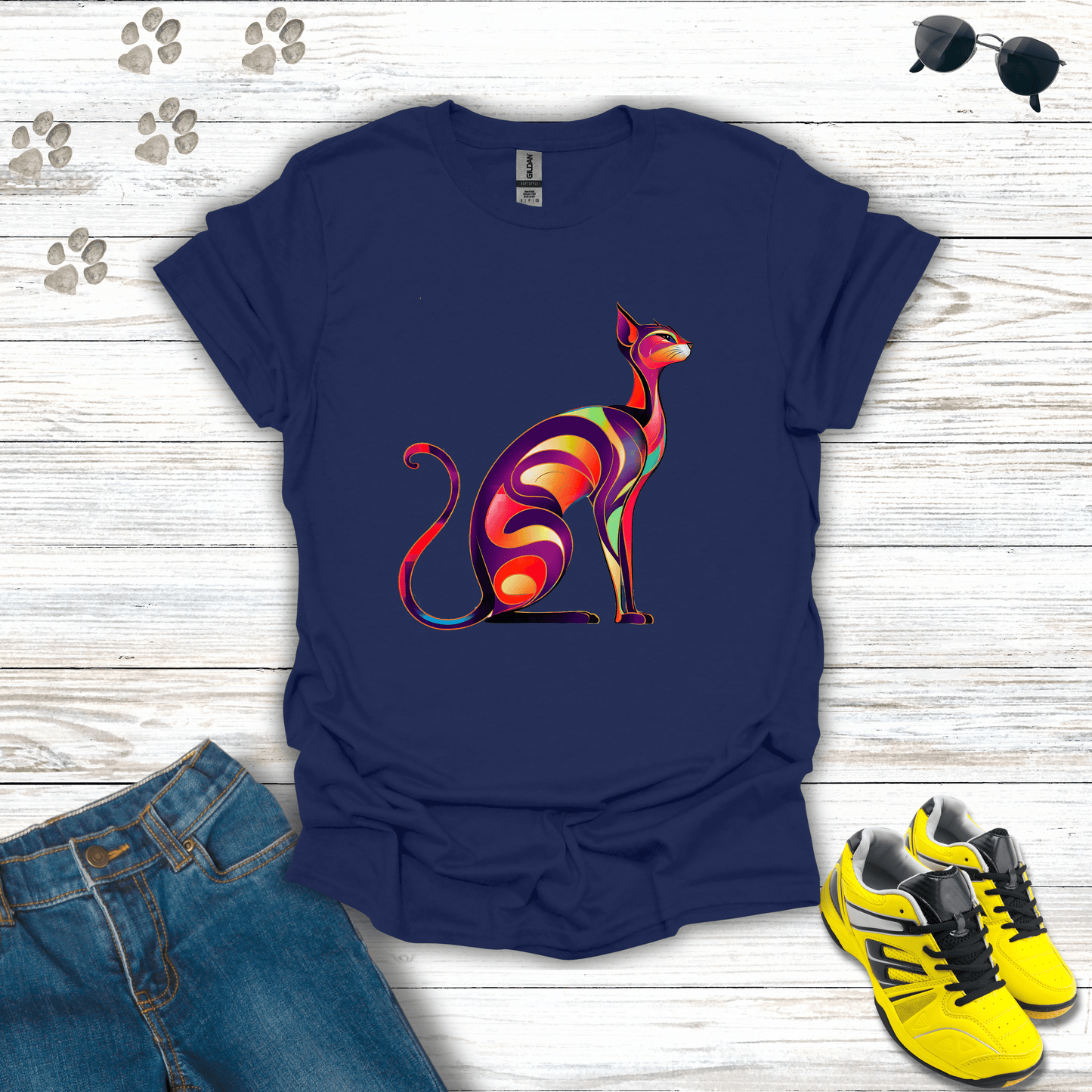 Sunset Whiskers: The Radiant Cat T-Shirt Navy / S unisex graphic t-shirt