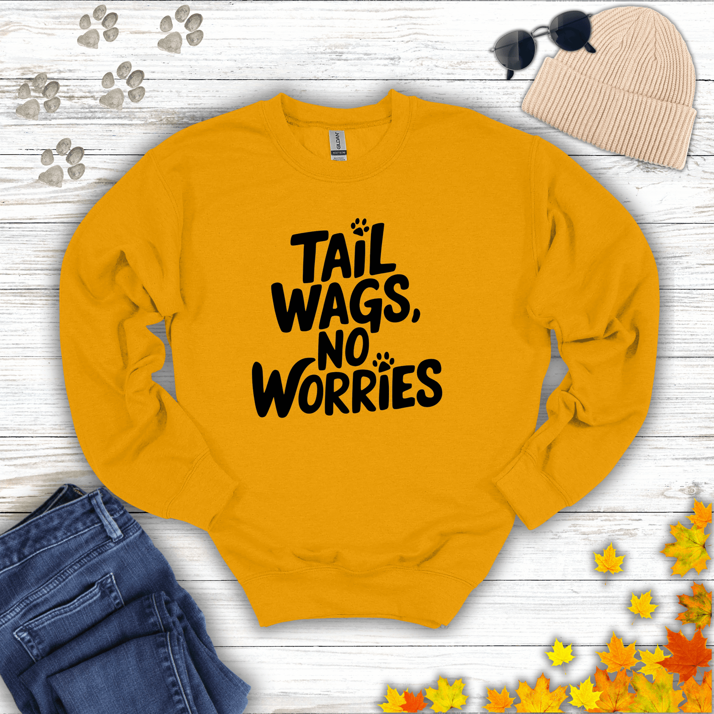 Tail Wags, No Worries Sweatshirt S / Gold unisex graphic t-shirt