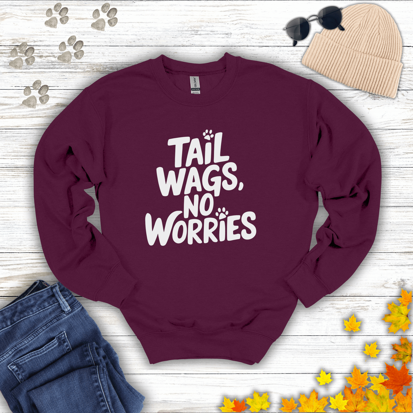 Tail Wags, No Worries Sweatshirt S / Maroon unisex graphic t-shirt