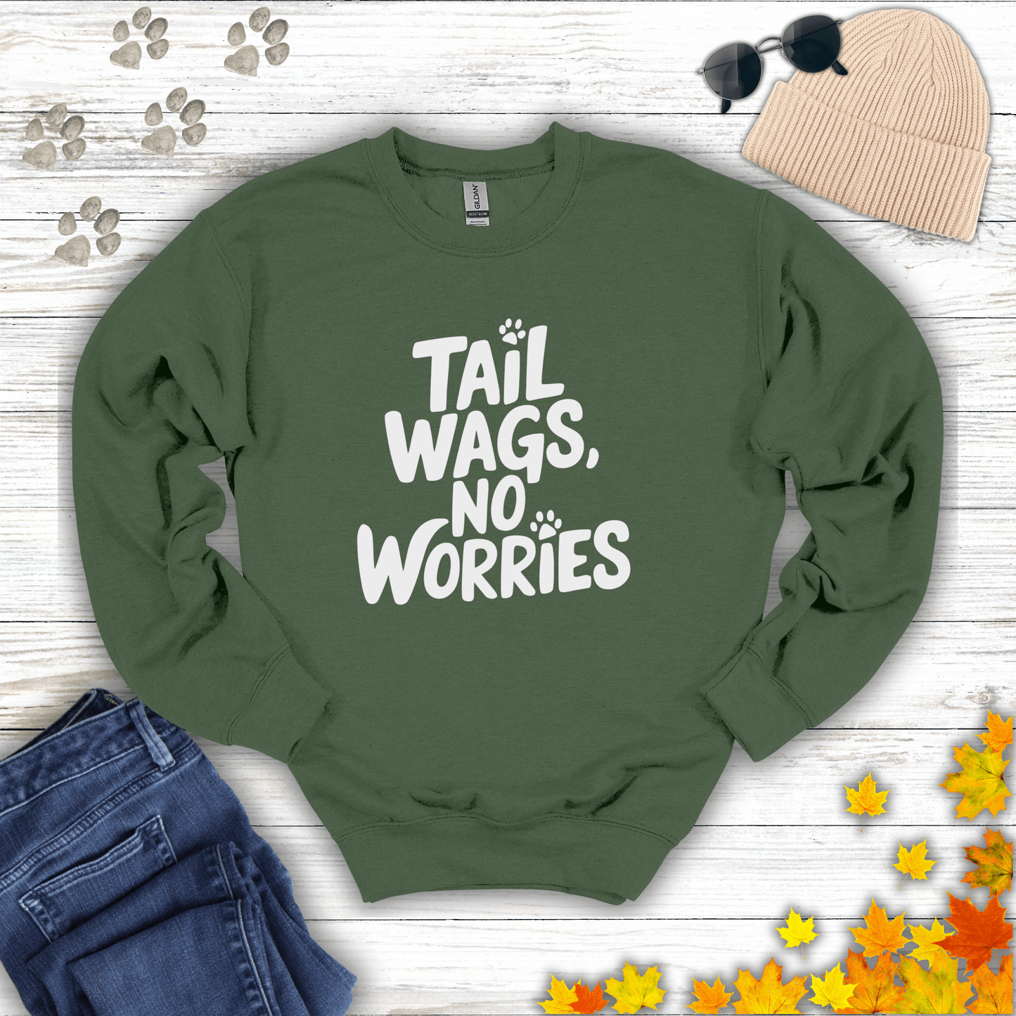 Tail Wags, No Worries Sweatshirt S / Military Green unisex graphic t-shirt