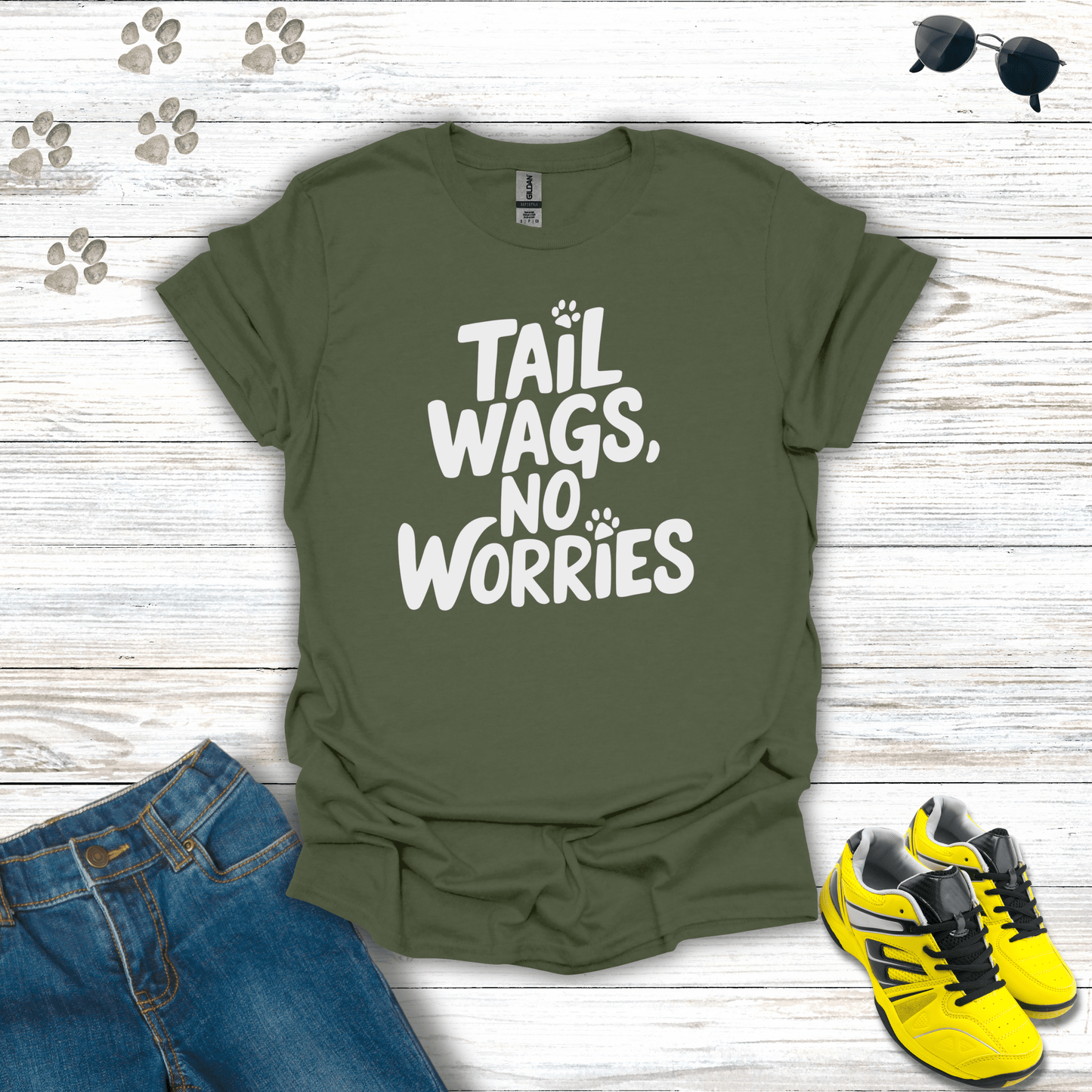 Tail Wags, No Worries T-Shirt Military Green / S unisex graphic t-shirt