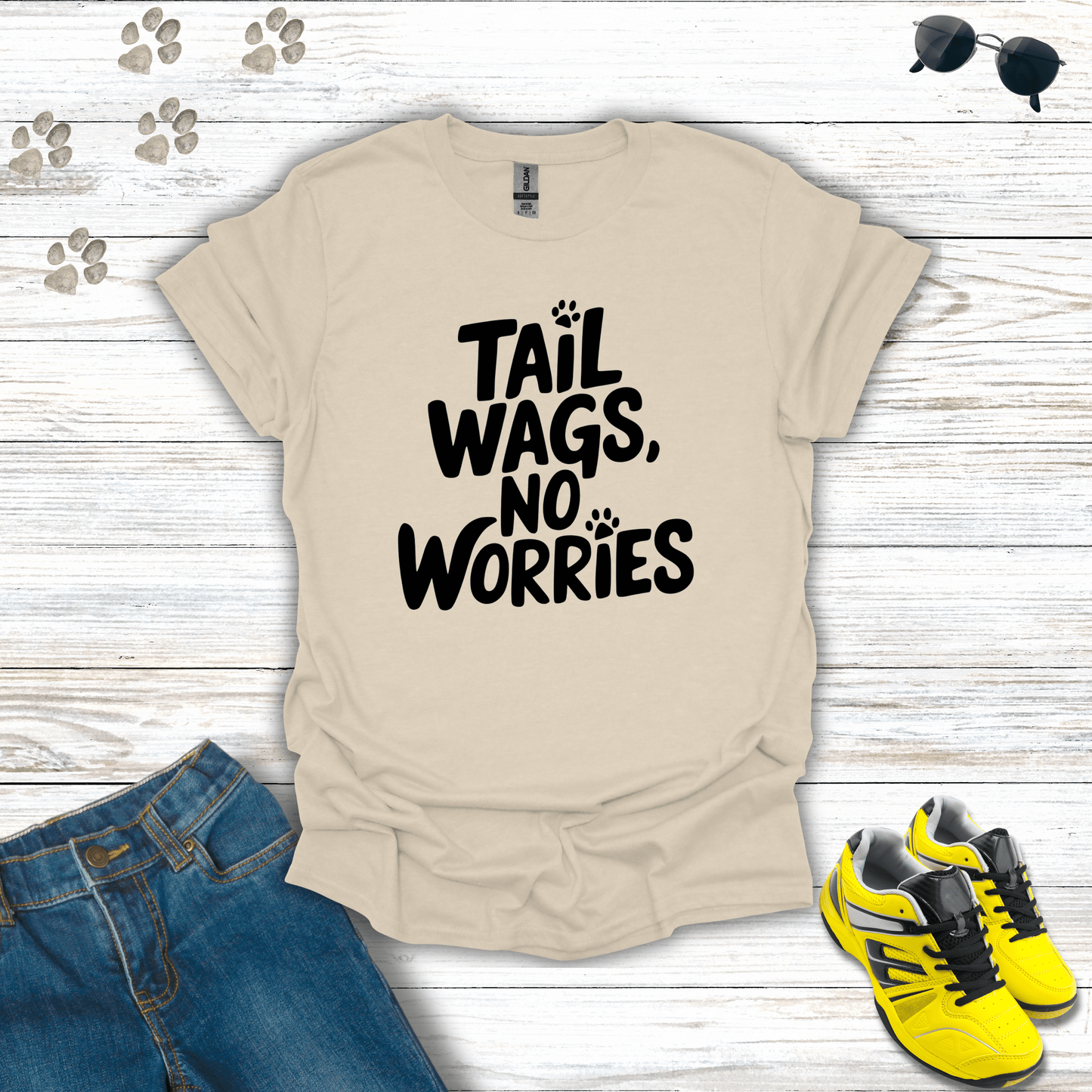 Tail Wags, No Worries T-Shirt Natural / S unisex graphic t-shirt