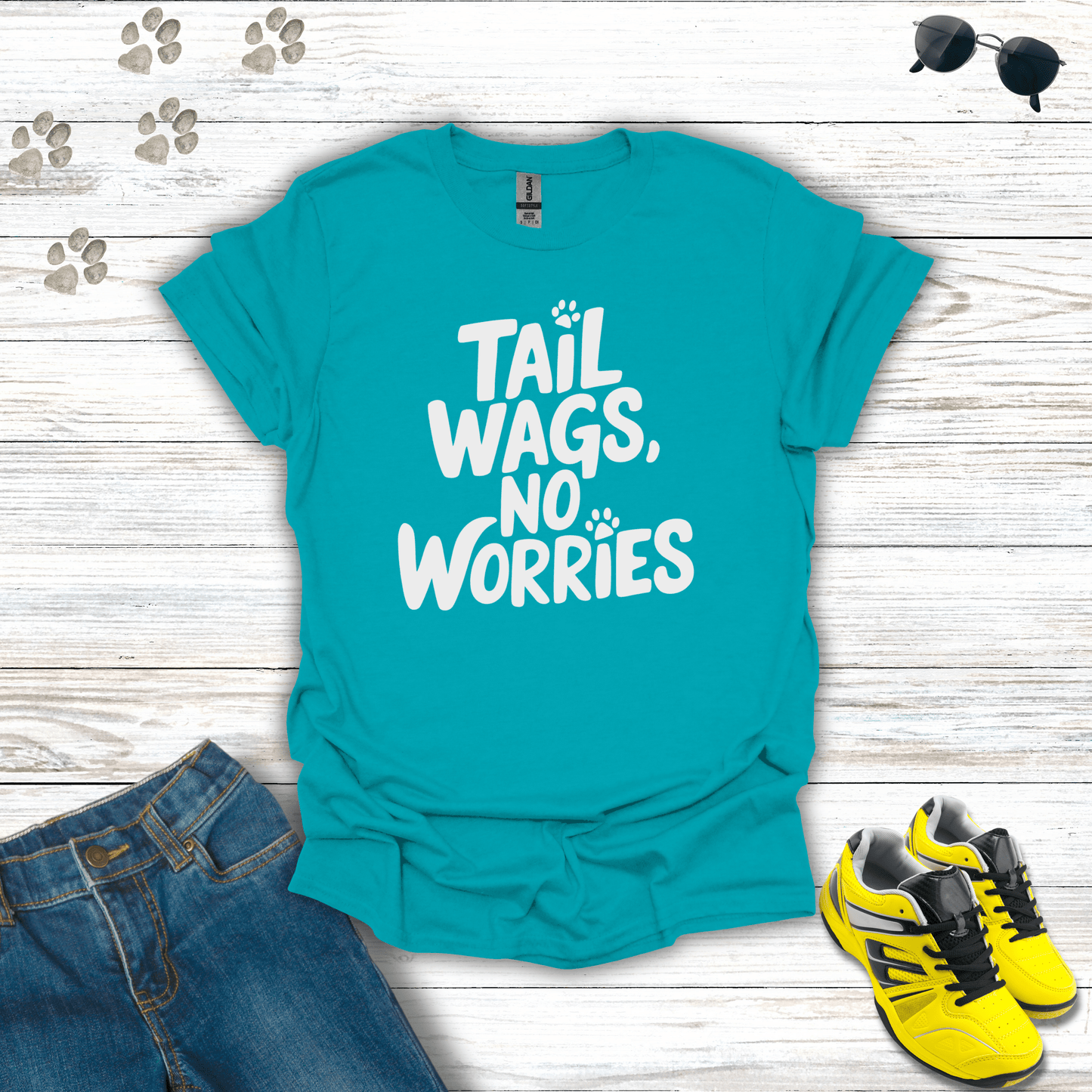 Tail Wags, No Worries T-Shirt Tropical Blue / S unisex graphic t-shirt