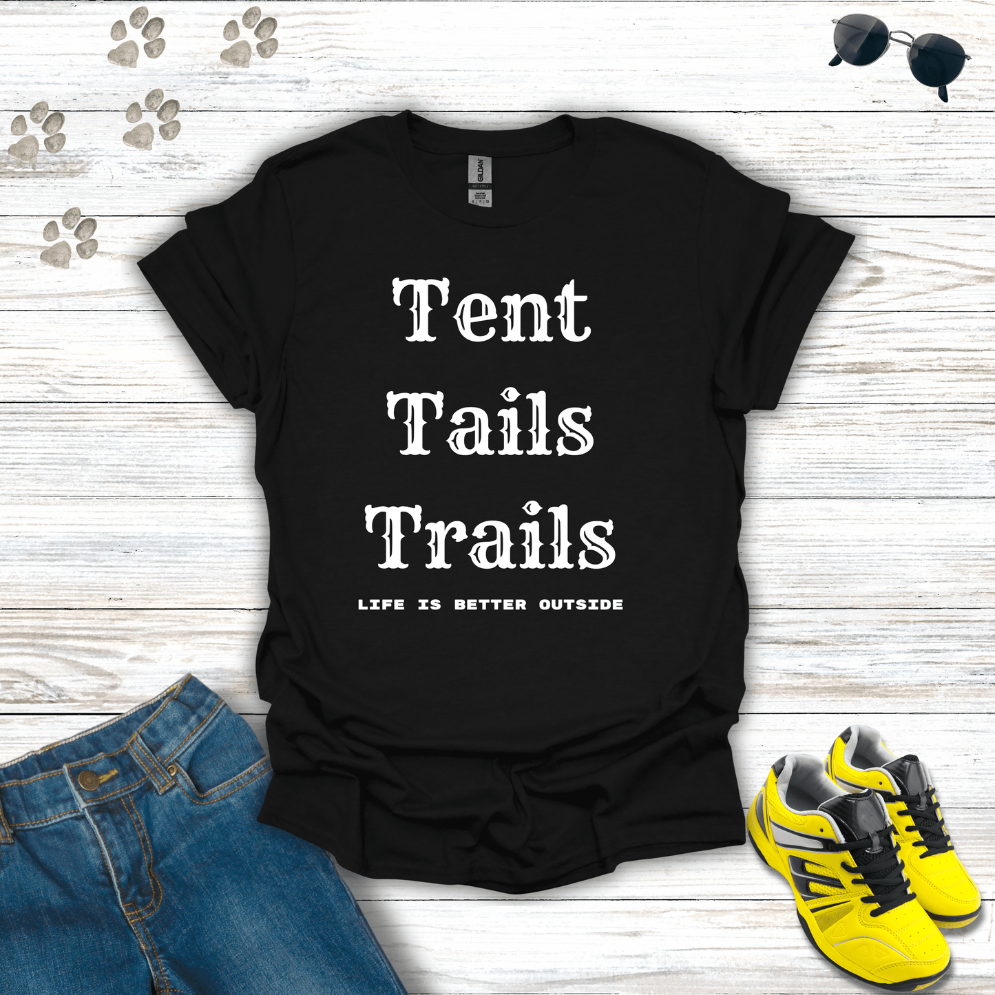 Tents, Tails, Trails T-Shirt Black / S unisex graphic t-shirt