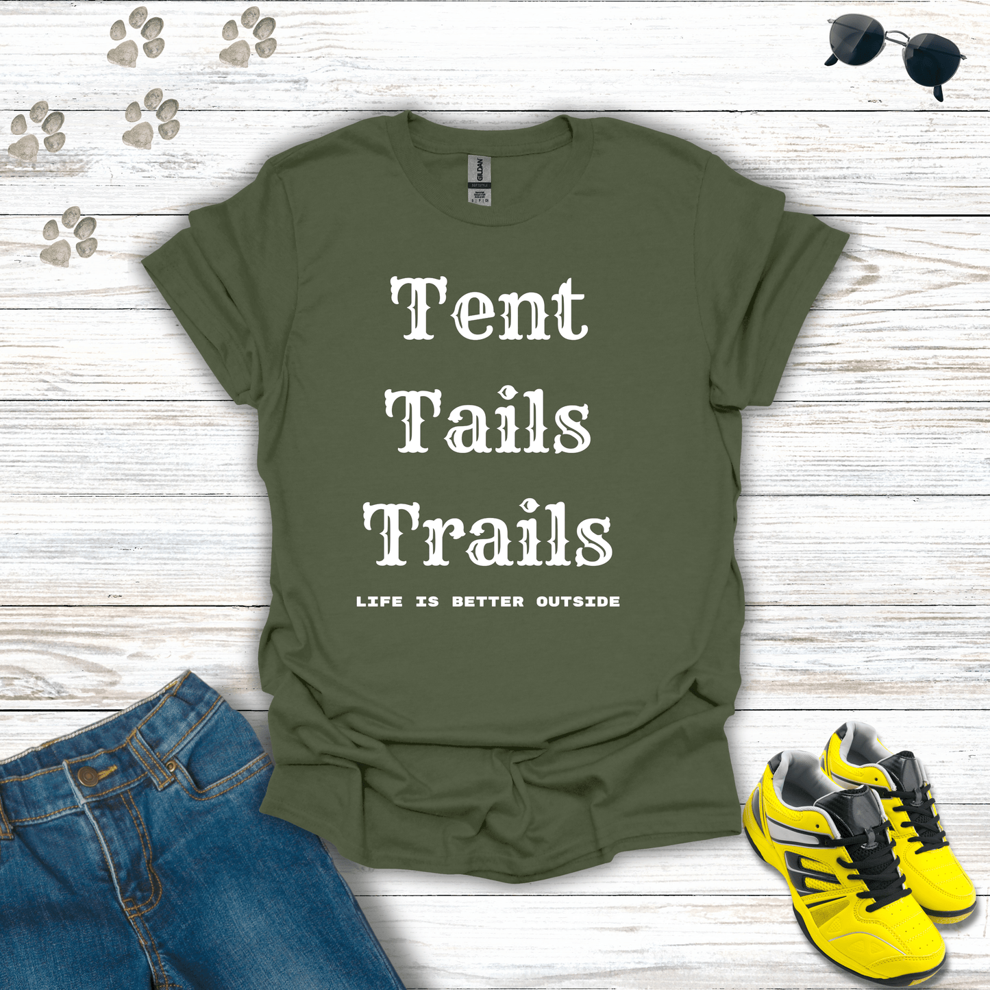 Tents, Tails, Trails T-Shirt Military Green / S unisex graphic t-shirt