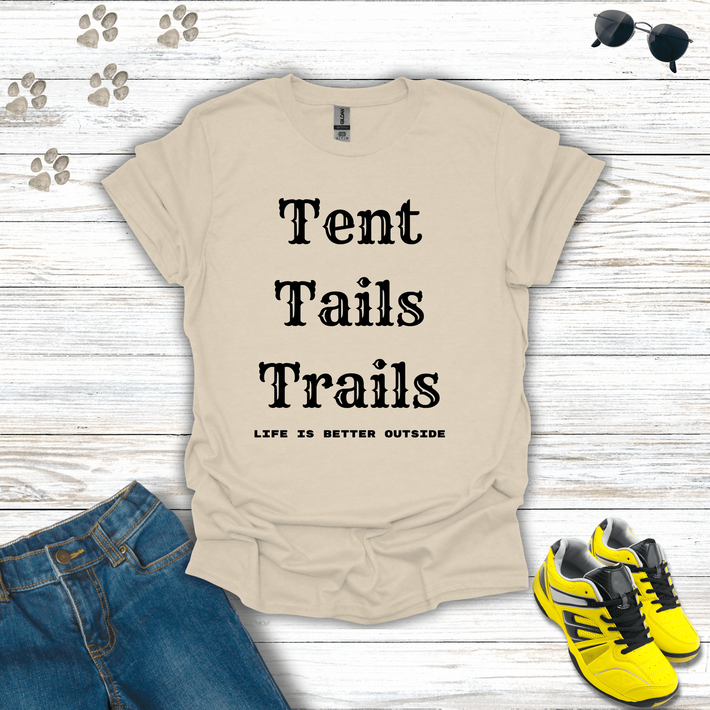 Tents, Tails, Trails T-Shirt Natural / S unisex graphic t-shirt