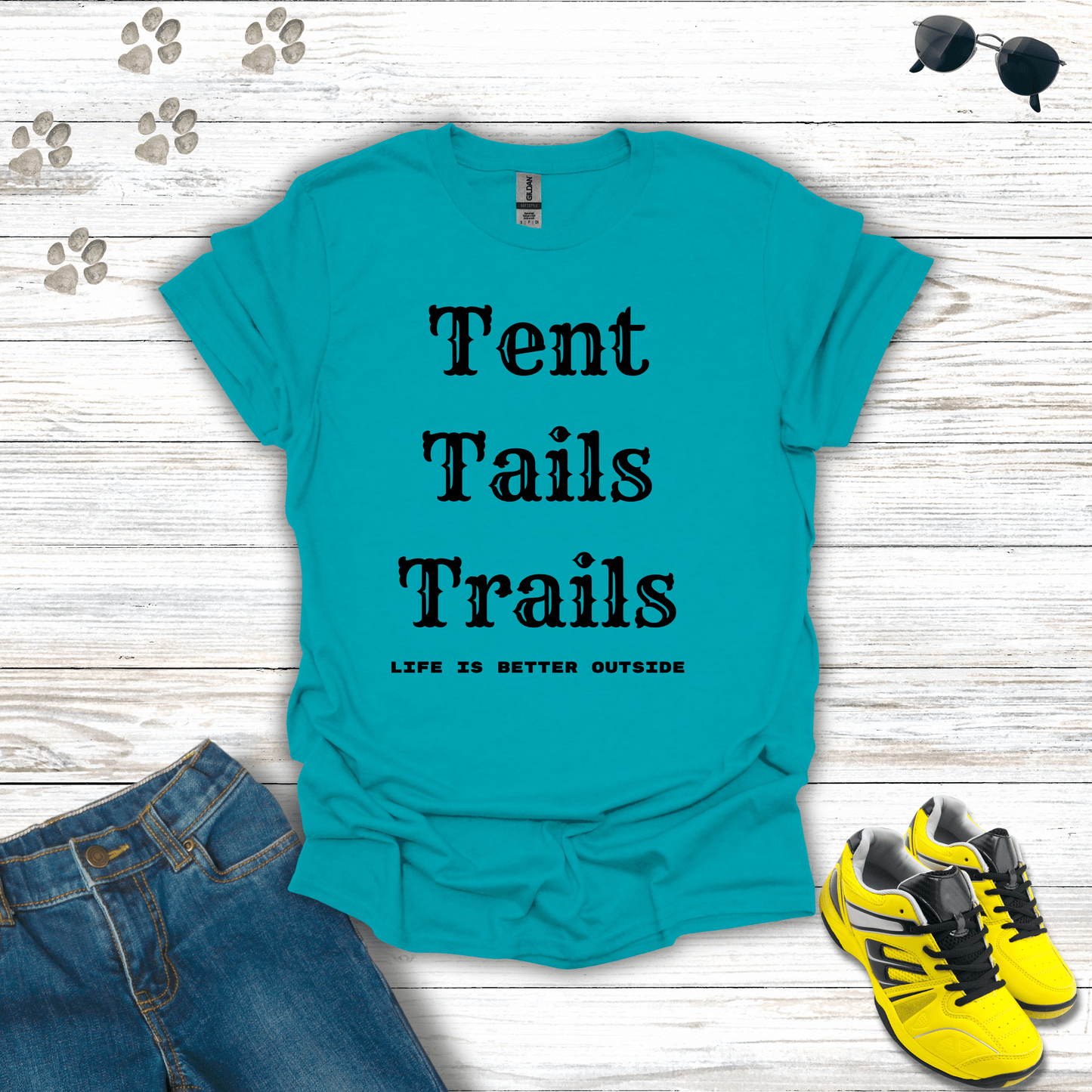 Tents, Tails, Trails T-Shirt Tropical Blue / S unisex graphic t-shirt