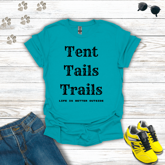 Tents, Tails, Trails T-Shirt Tropical Blue / S unisex graphic t-shirt