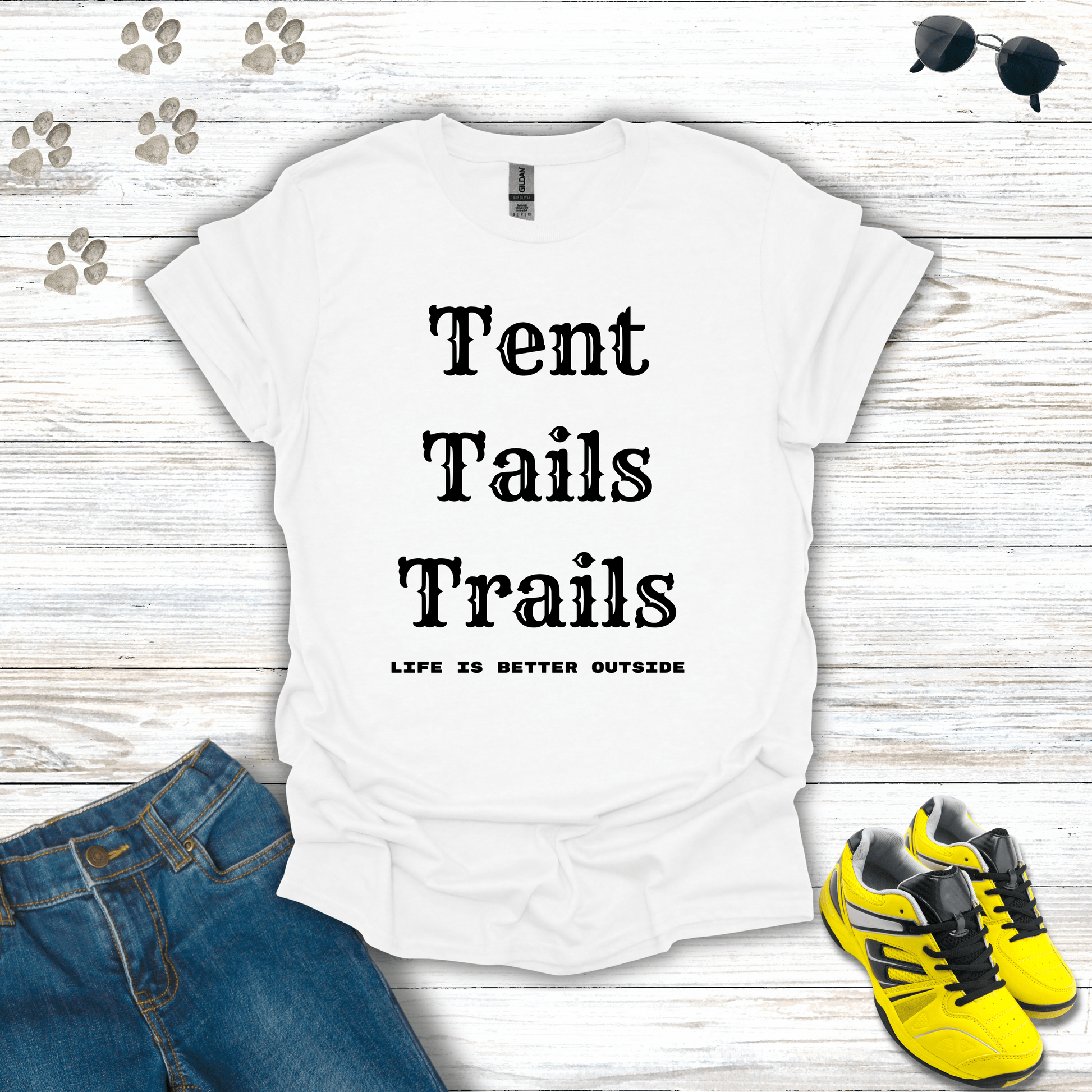 Tents, Tails, Trails T-Shirt White / S unisex graphic t-shirt