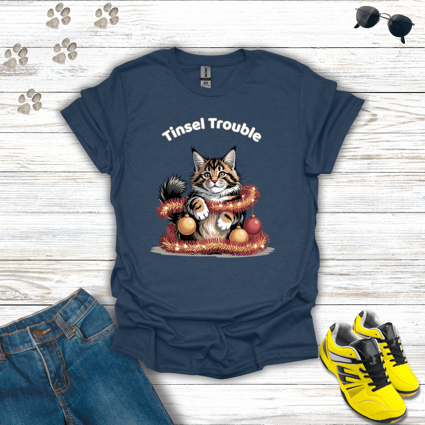 Tinsel Trouble Cat T-Shirt Heather Navy / S unisex graphic t-shirt