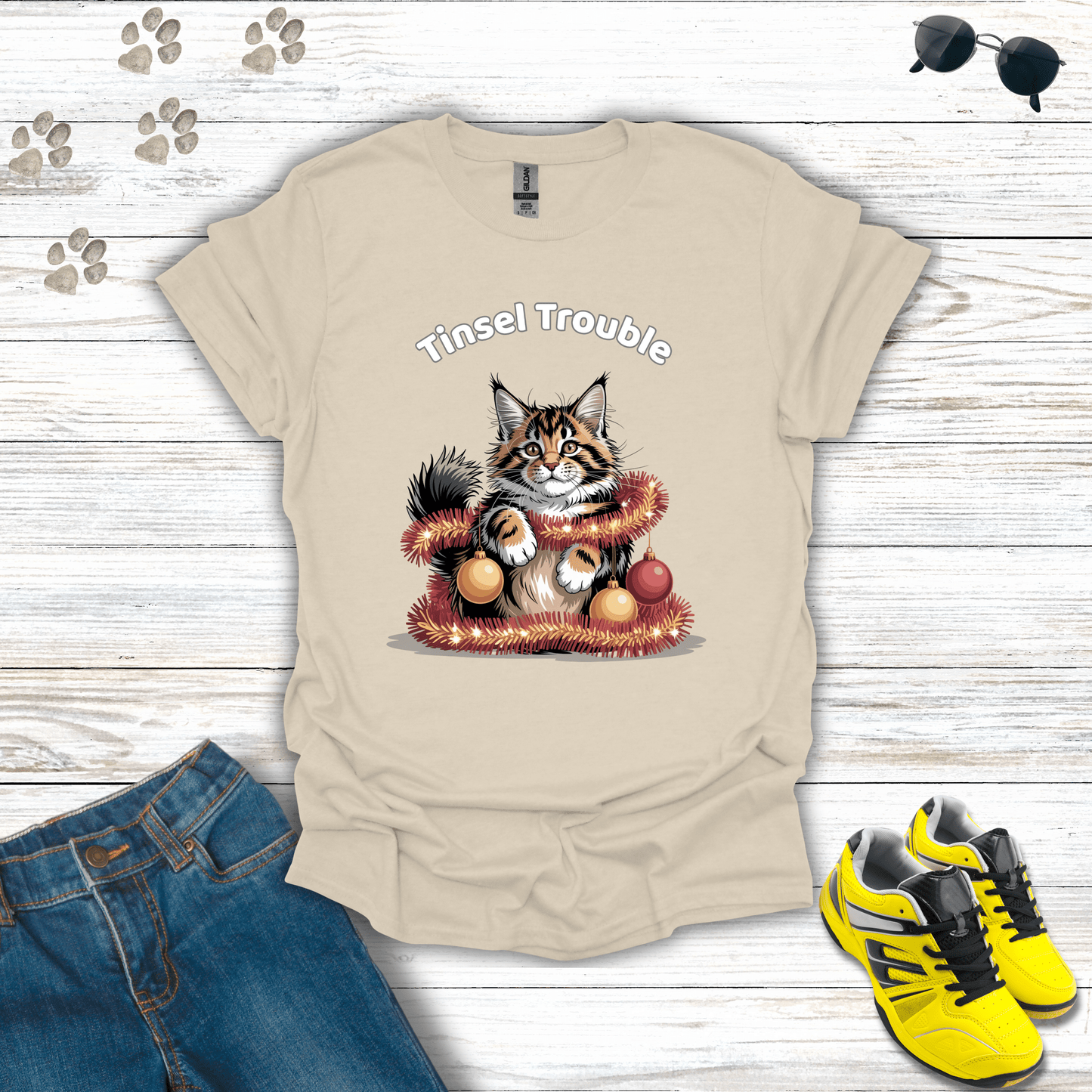 Tinsel Trouble Cat T-Shirt Natural / S unisex graphic t-shirt
