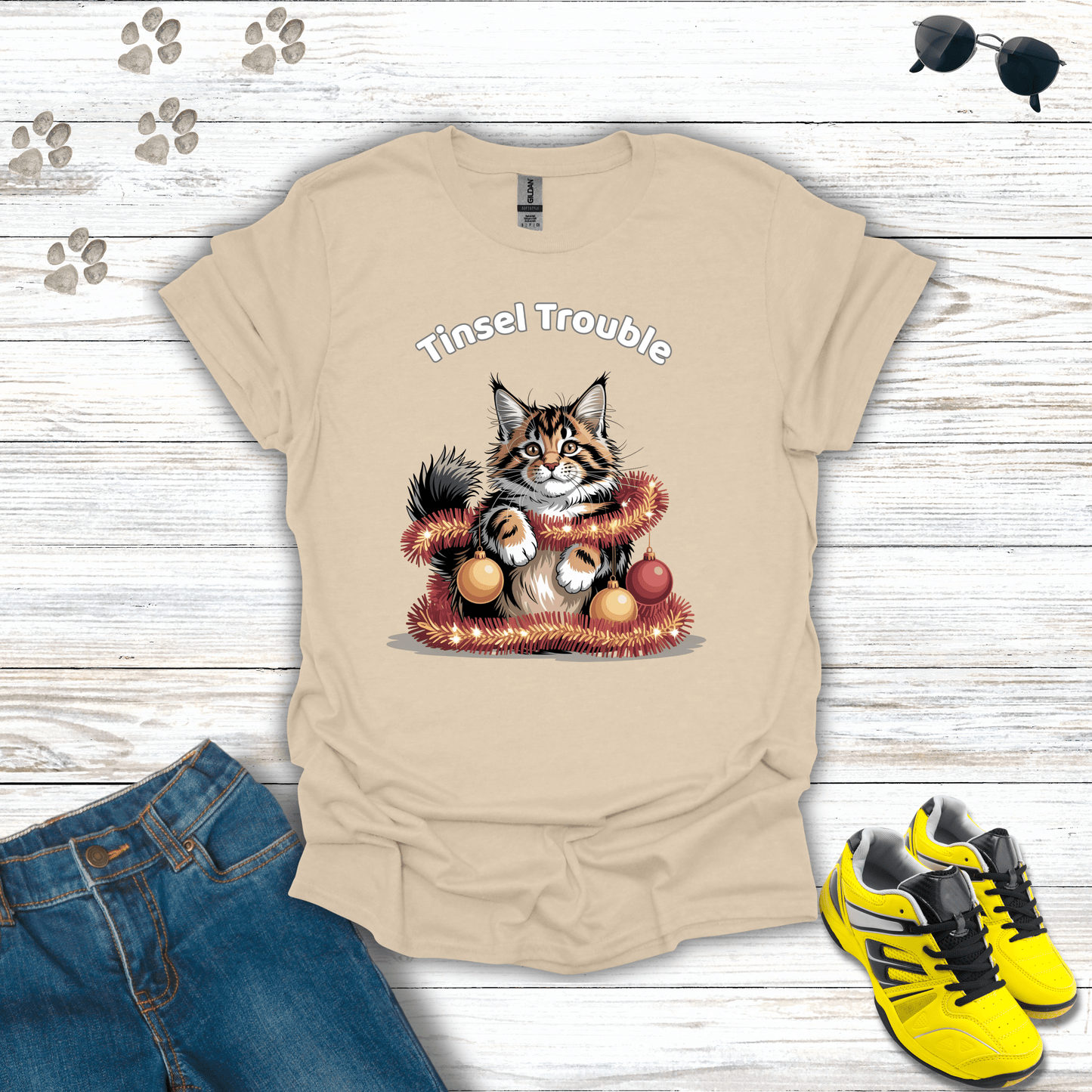 Tinsel Trouble Cat T-Shirt Sand / S unisex graphic t-shirt