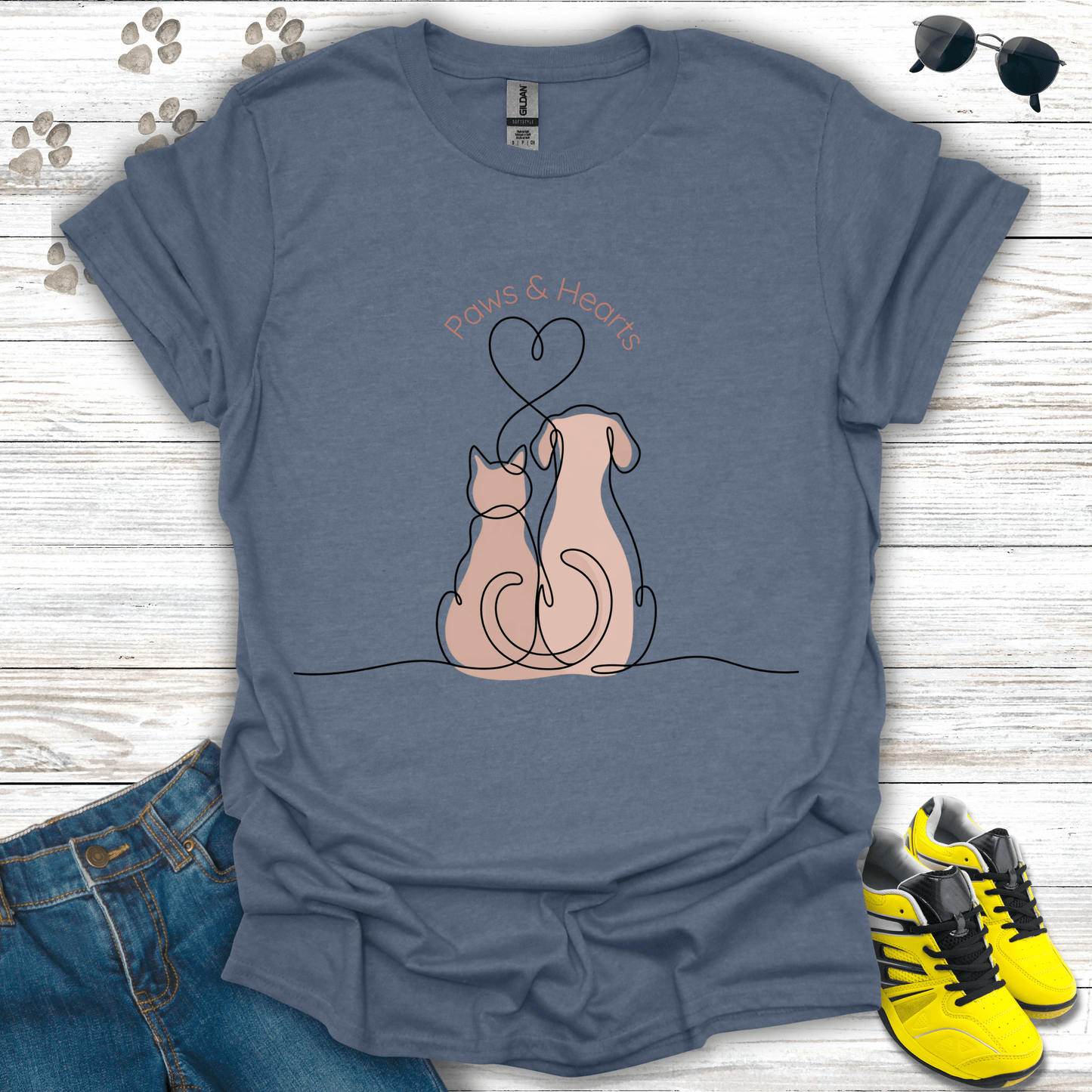 Cat and dog heart-tail artwork printed on heather indigo Valentine tee