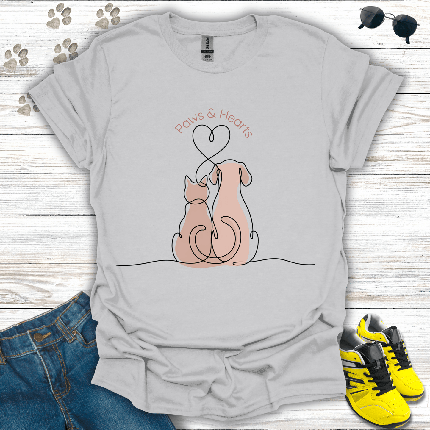 Cat and dog heart-tail line art printed on ice grey tee