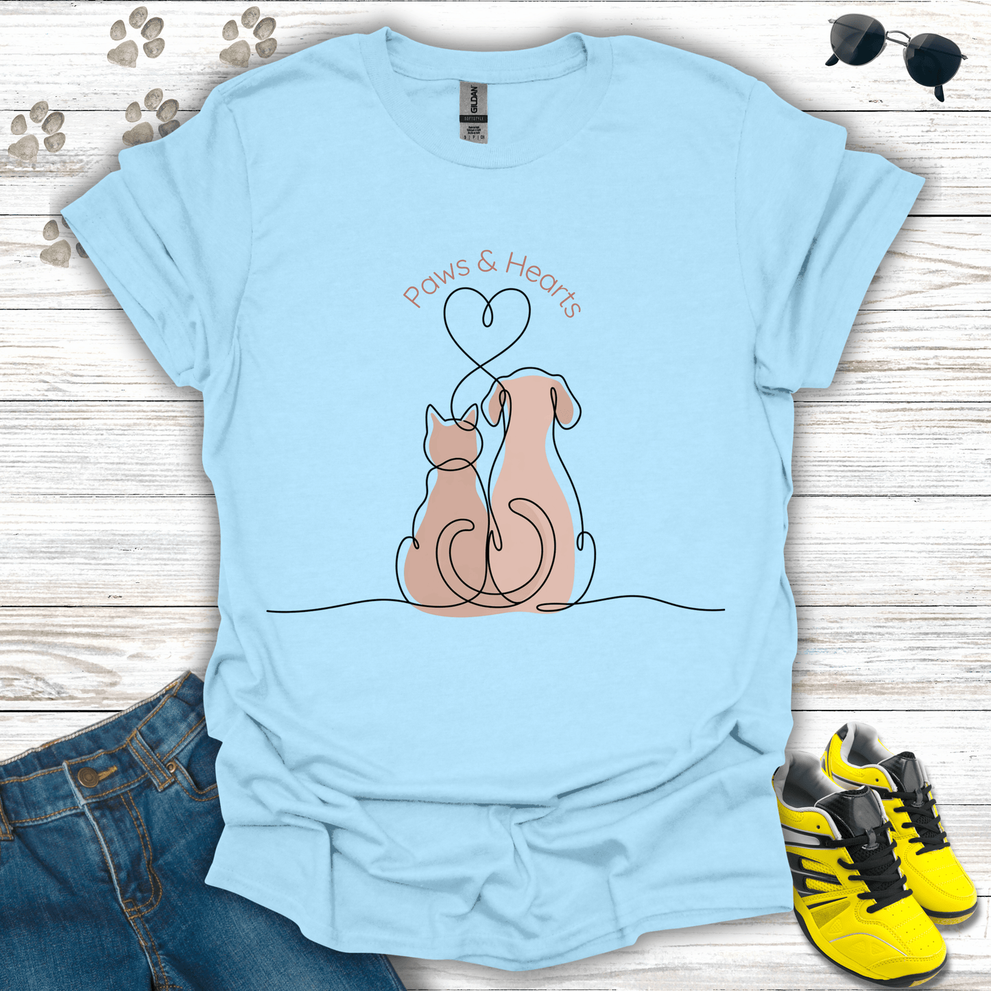 Minimalist cat and dog Valentine design on light blue T-shirt