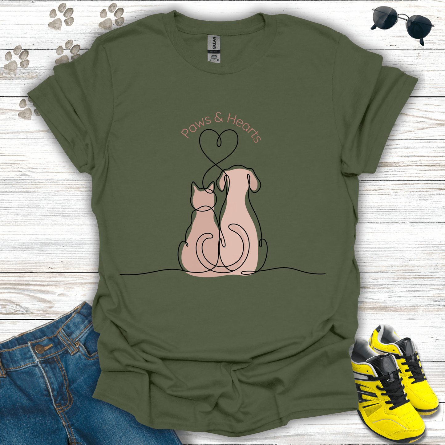 Minimal cat and dog heart-tail line art printed on military green shirt
