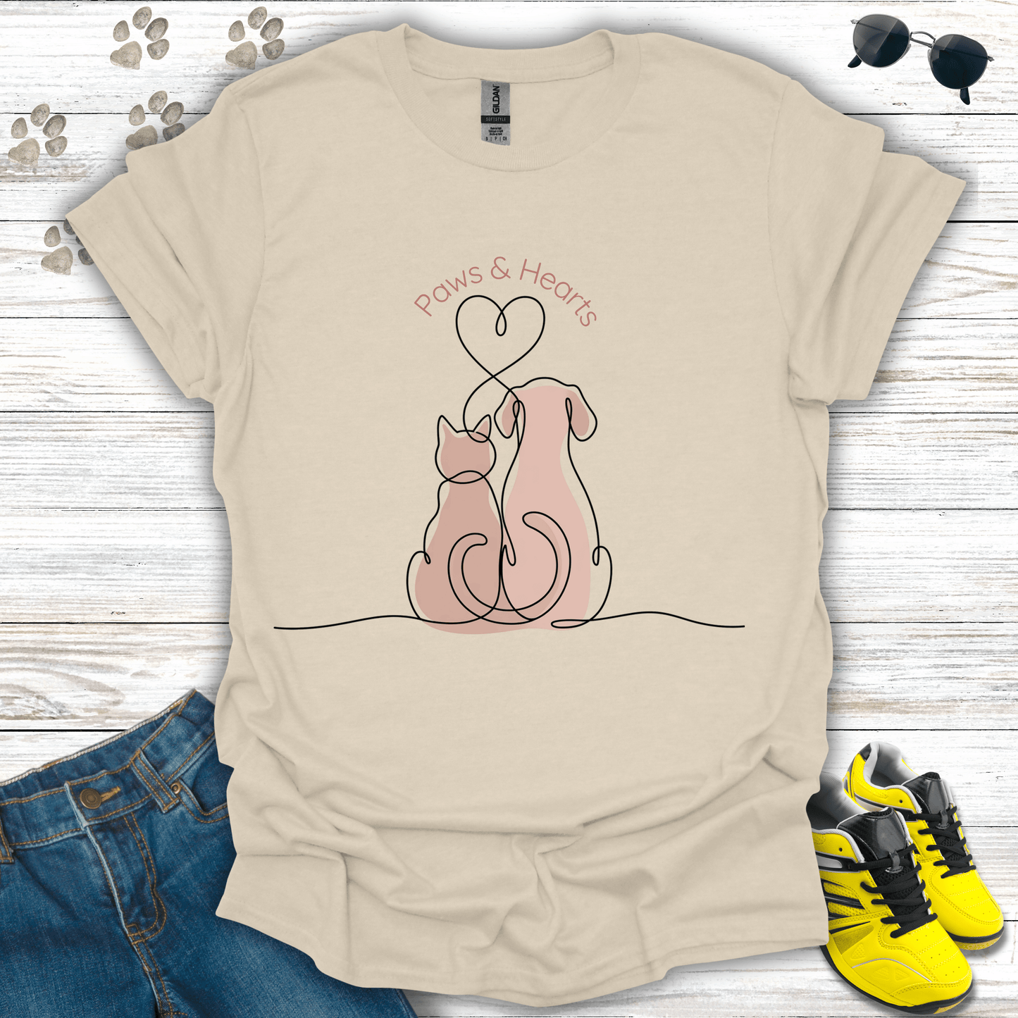 Cat and dog minimalist heart design printed on natural tee