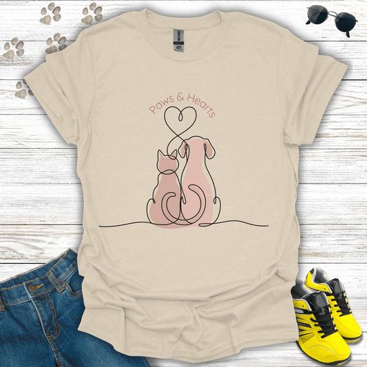 Cat and dog minimalist heart design printed on natural tee