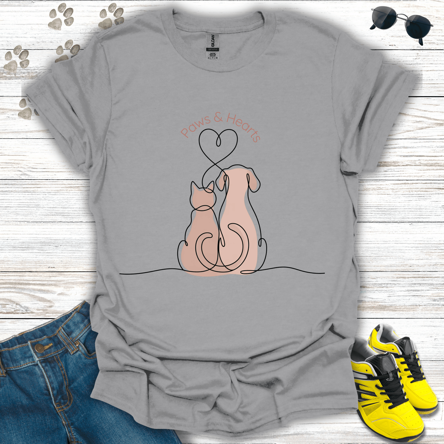 Cat and dog Valentine line art printed on sport grey T-shirt