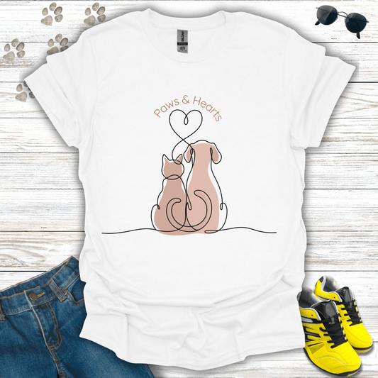 Minimal cat and dog heart-tail line art printed on white Valentine T-shirt