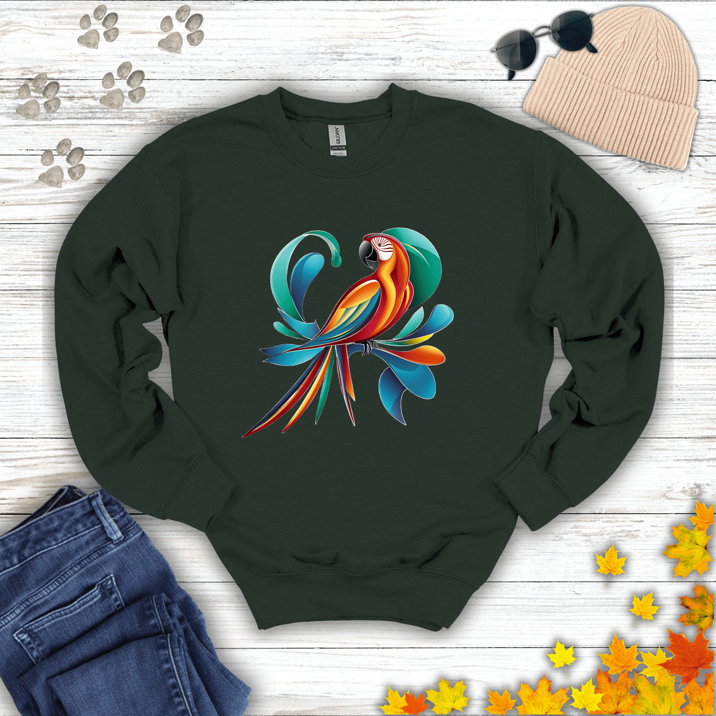 Tropical Bird Graphic Sweatshirt S / Forest Green unisex graphic t-shirt