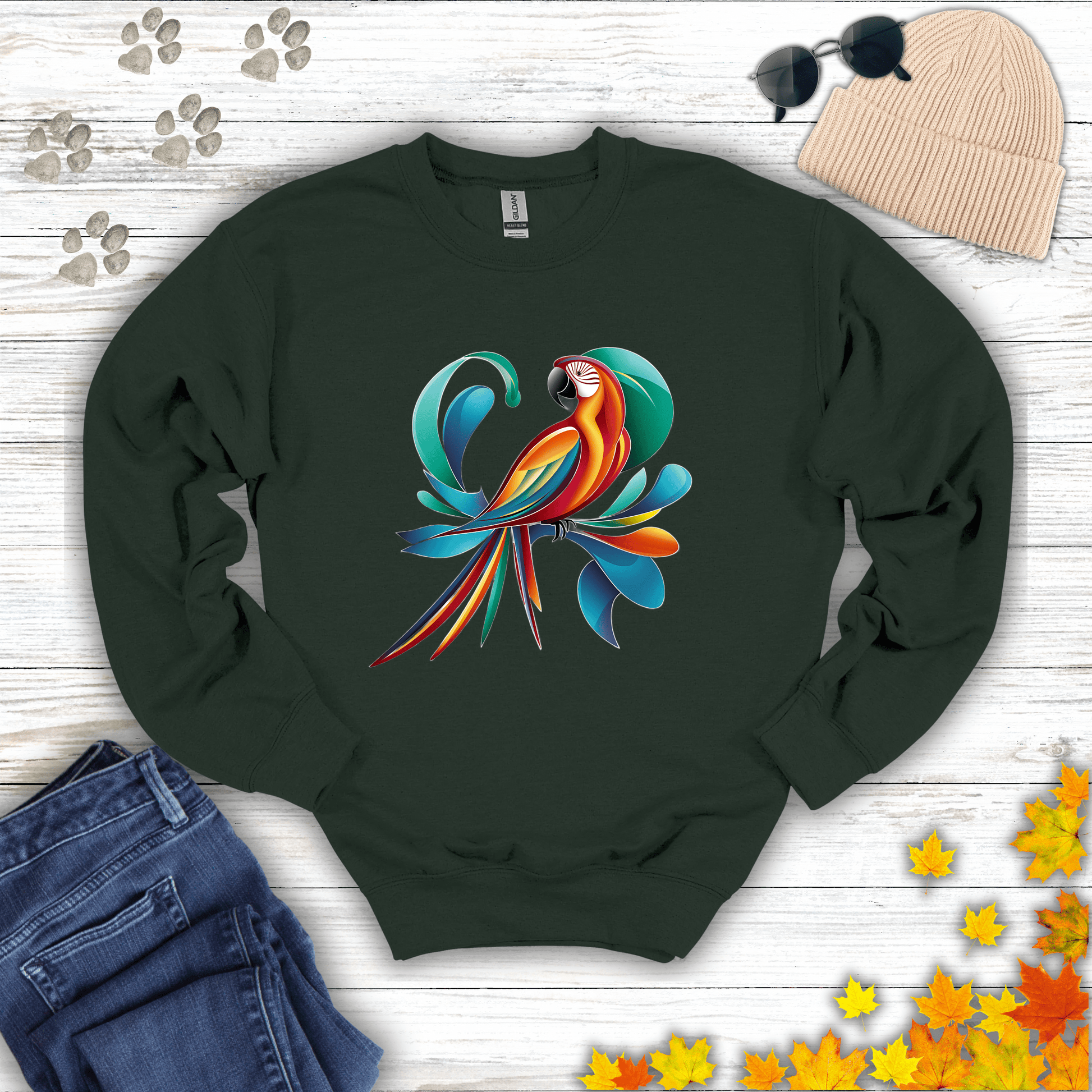 Tropical Bird Graphic Sweatshirt S / Forest Green unisex graphic t-shirt