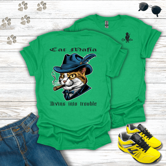 Turkish Van Cat Mafia T-shirt in Heather Irish Green — confident Turkish Van cat in fedora and cigar design
