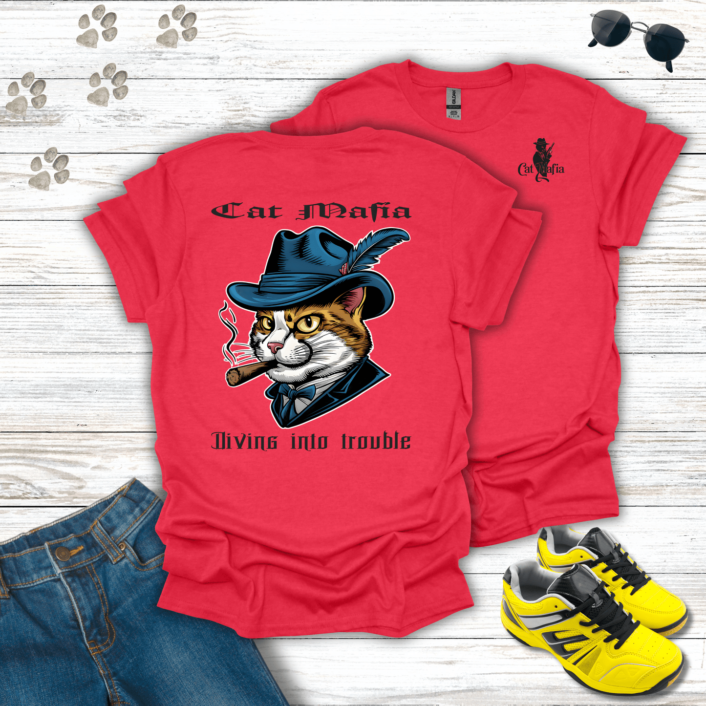 Turkish Van Cat Mafia T-shirt in Heather Red — energetic mafia cat design