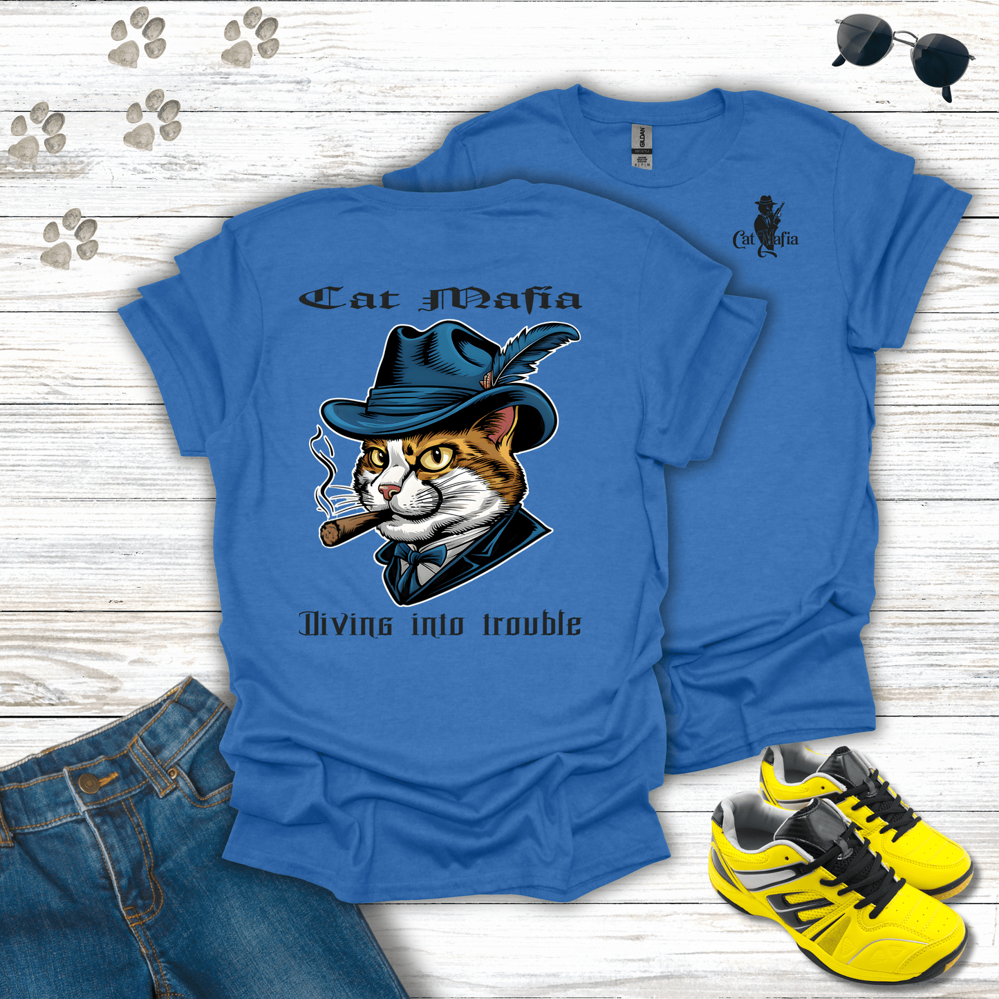 Turkish Van Cat Mafia T-shirt in Heather Royal — bold Turkish Van mob boss shirt
