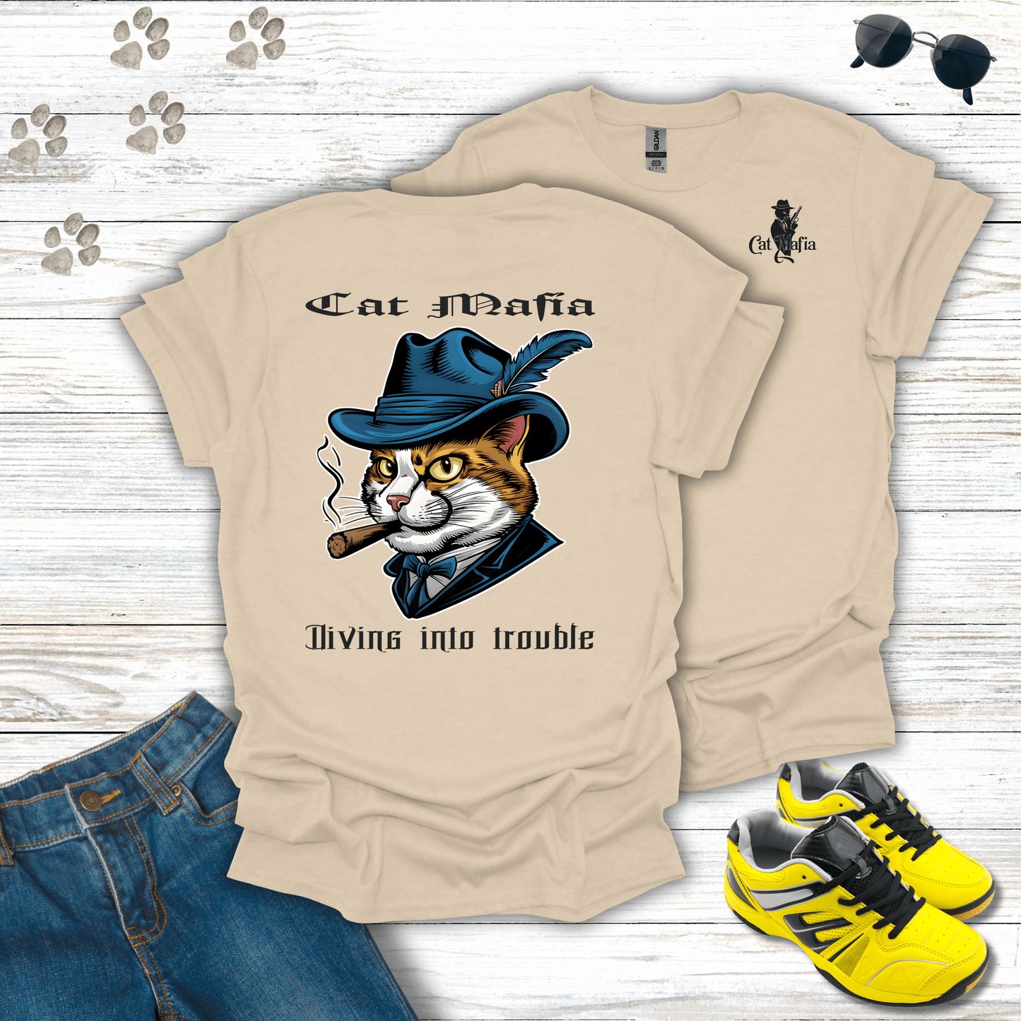 Turkish Van Cat Mafia T-shirt in Sand — stylish mobster Turkish Van cat shirt