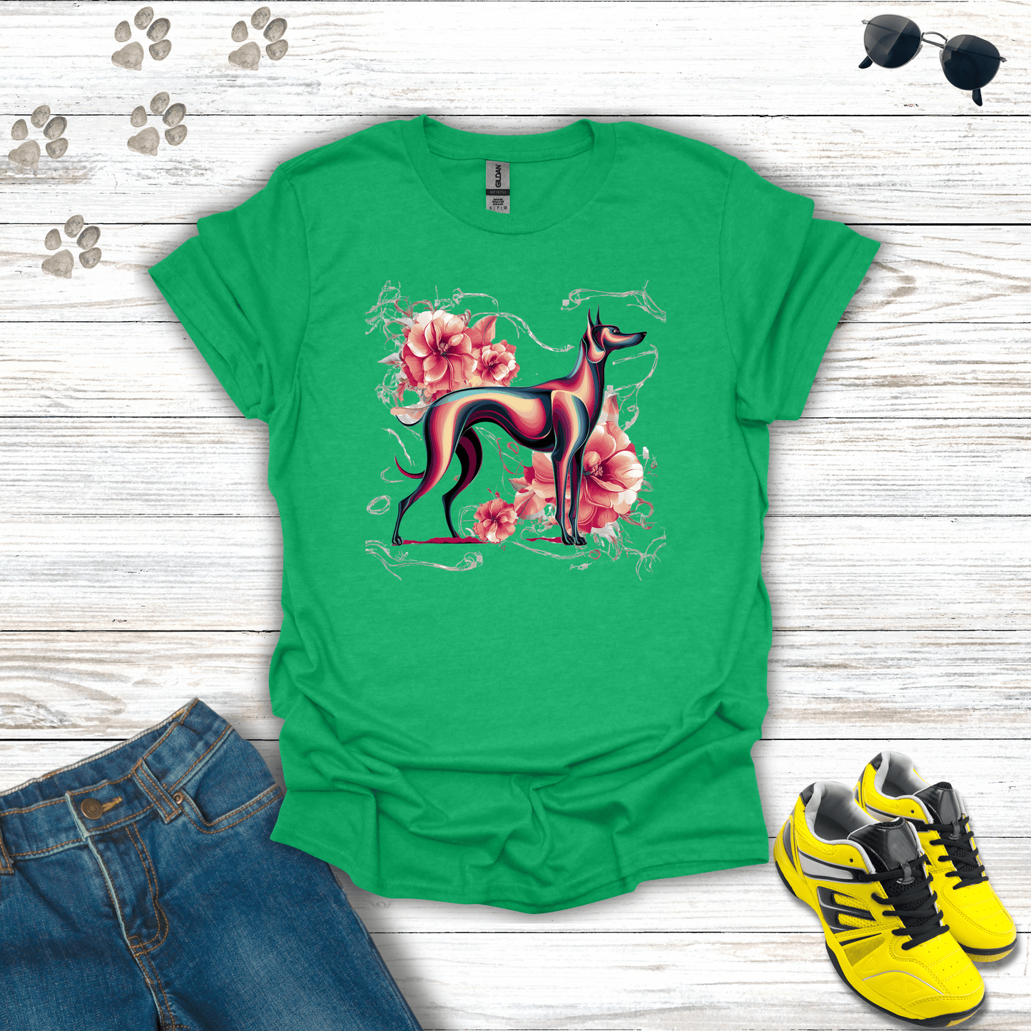 Vibrant Hound in Bloom T-Shirt Heather Irish Green / S unisex graphic t-shirt