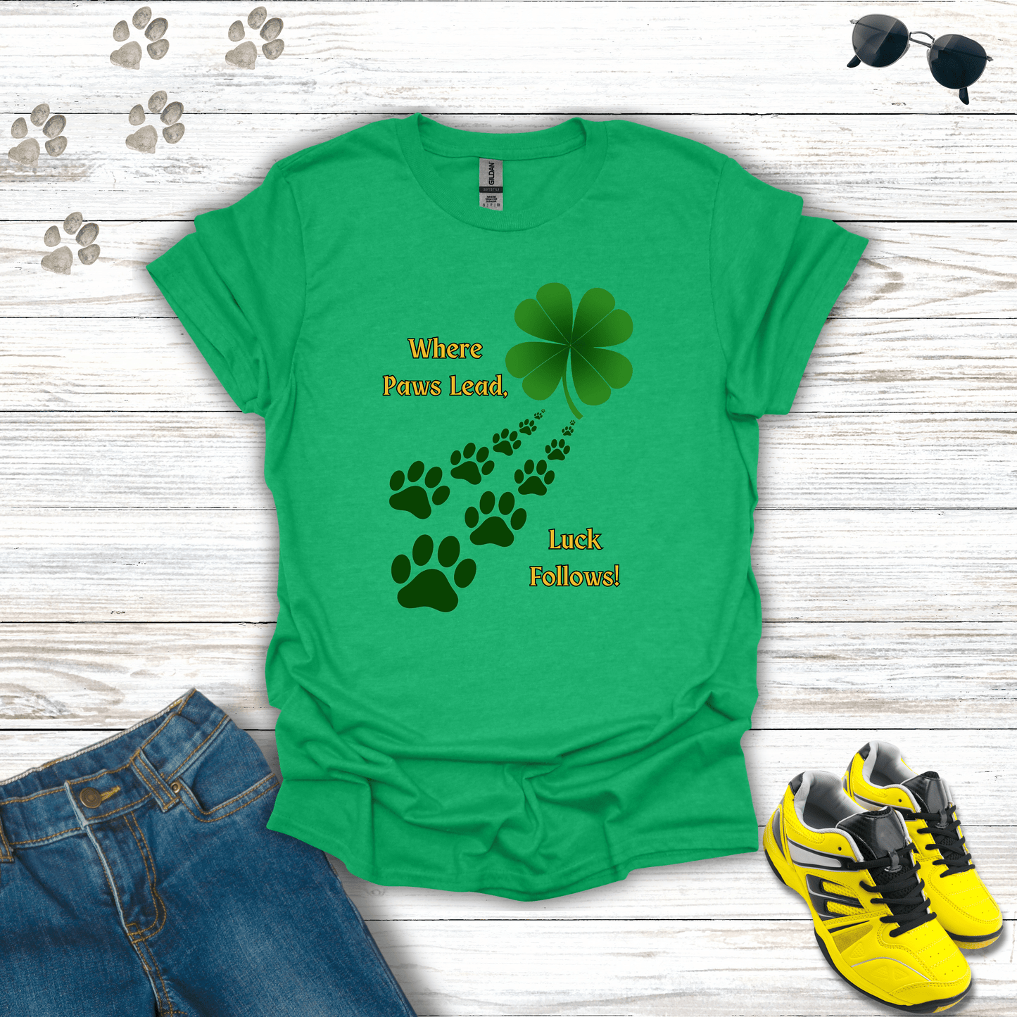 Where Paws Lead T-Shirt Heather Irish Green / S unisex graphic t-shirt